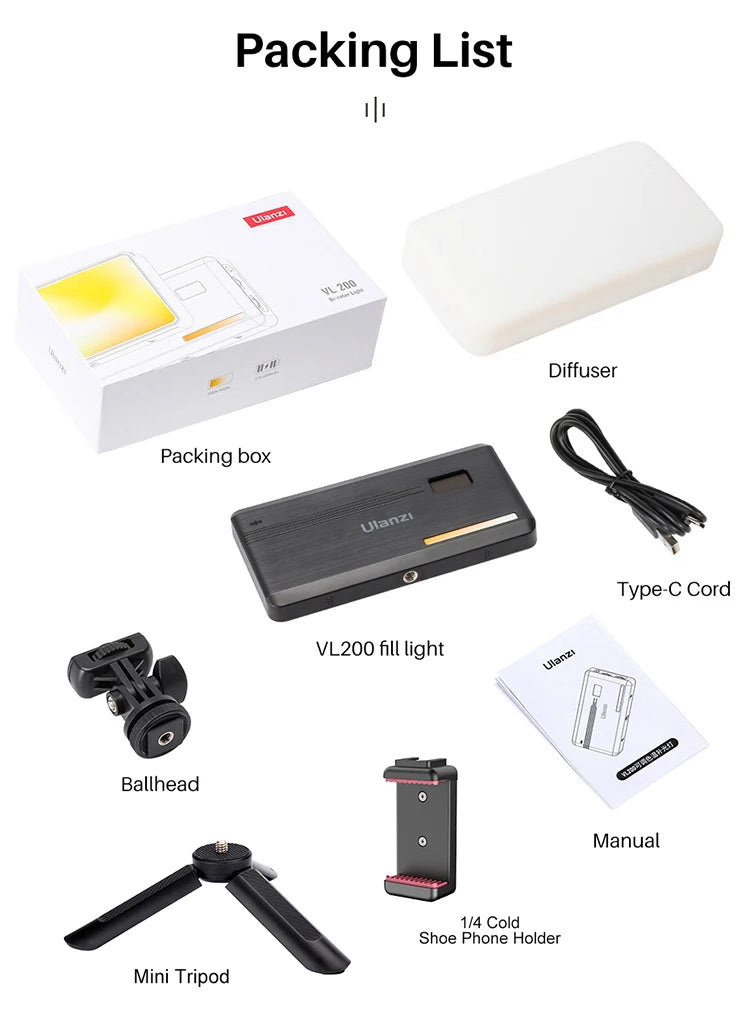 Ulanzi VL200 2500k-9000k Led Camera Light With Tripod Phone Holder 360° Ball Head Dimmable Led Video Light With Soft Diffuser