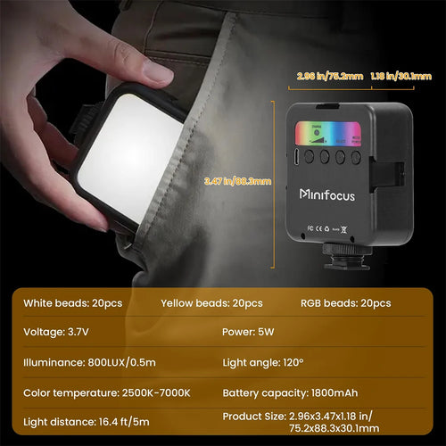 Minifocus Full Color RGB LED Video Light 2500K-7000K 800LUX Mini Fill 3 Cold Shoe 1800mAh Type-C Pocket Camera Hot Shoe Light