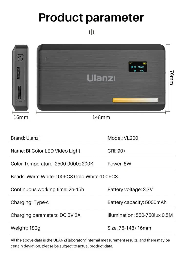 Ulanzi VL200 2500k-9000k Led Camera Light With Tripod Phone Holder 360° Ball Head Dimmable Led Video Light With Soft Diffuser