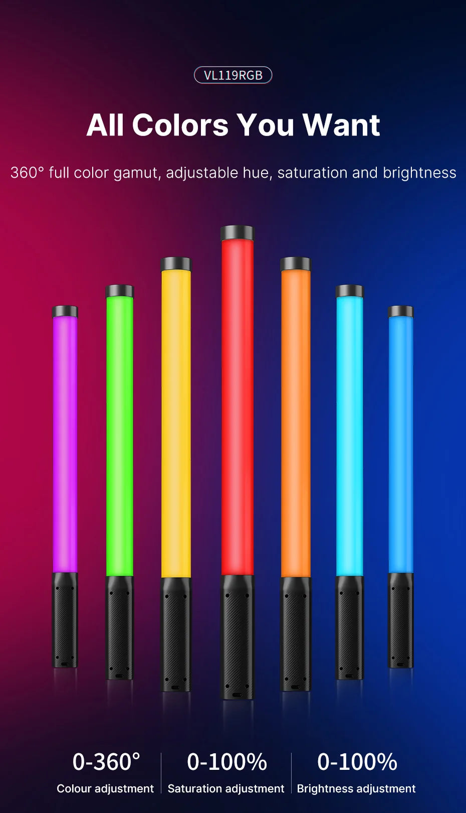 Ulanzi i-Light VL119 RGB Handheld Light Wand LED RGB Stick 2500-9000K Photography Lighting Magnetic Tube Light for Video Vlog